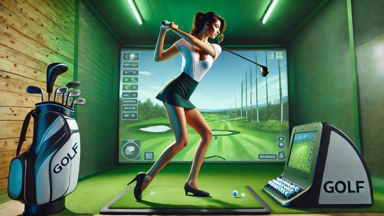 female golfer using a simulator
